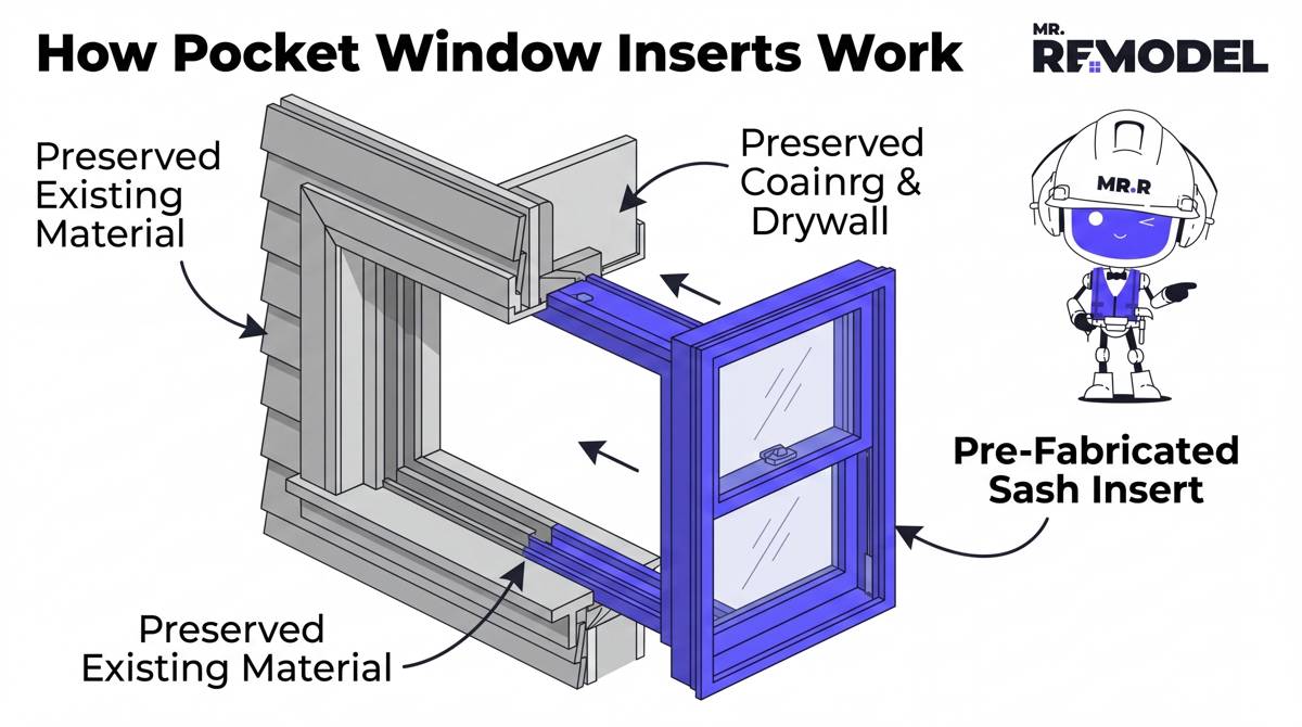 A technical cross-section diagram demonstrating how a pocket window insert fits directly inside an existing frame without altering exterior siding or interior casing.